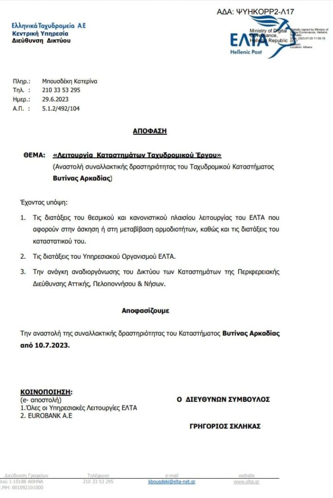 Οριστική αναστολή του Ταχυδρομικού Καταστήματος Βυτίνας